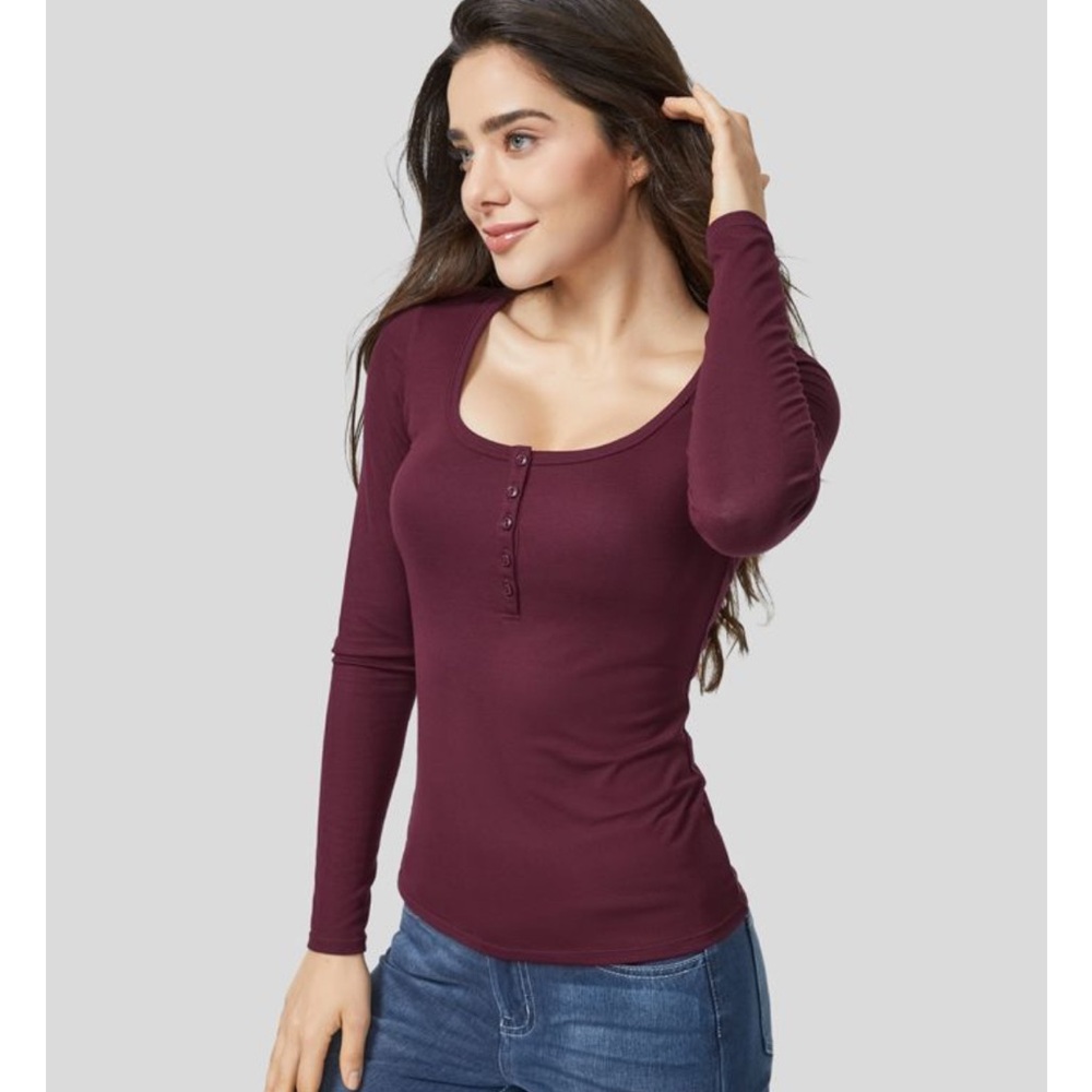 Halara Women's Long Sleeve Scoop Neck Henley Top - Burgundy